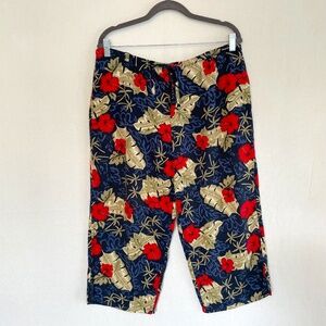 Island Traders Wide Leg Crop Pants Red Hibiscus Hawaiian Print Size Large
